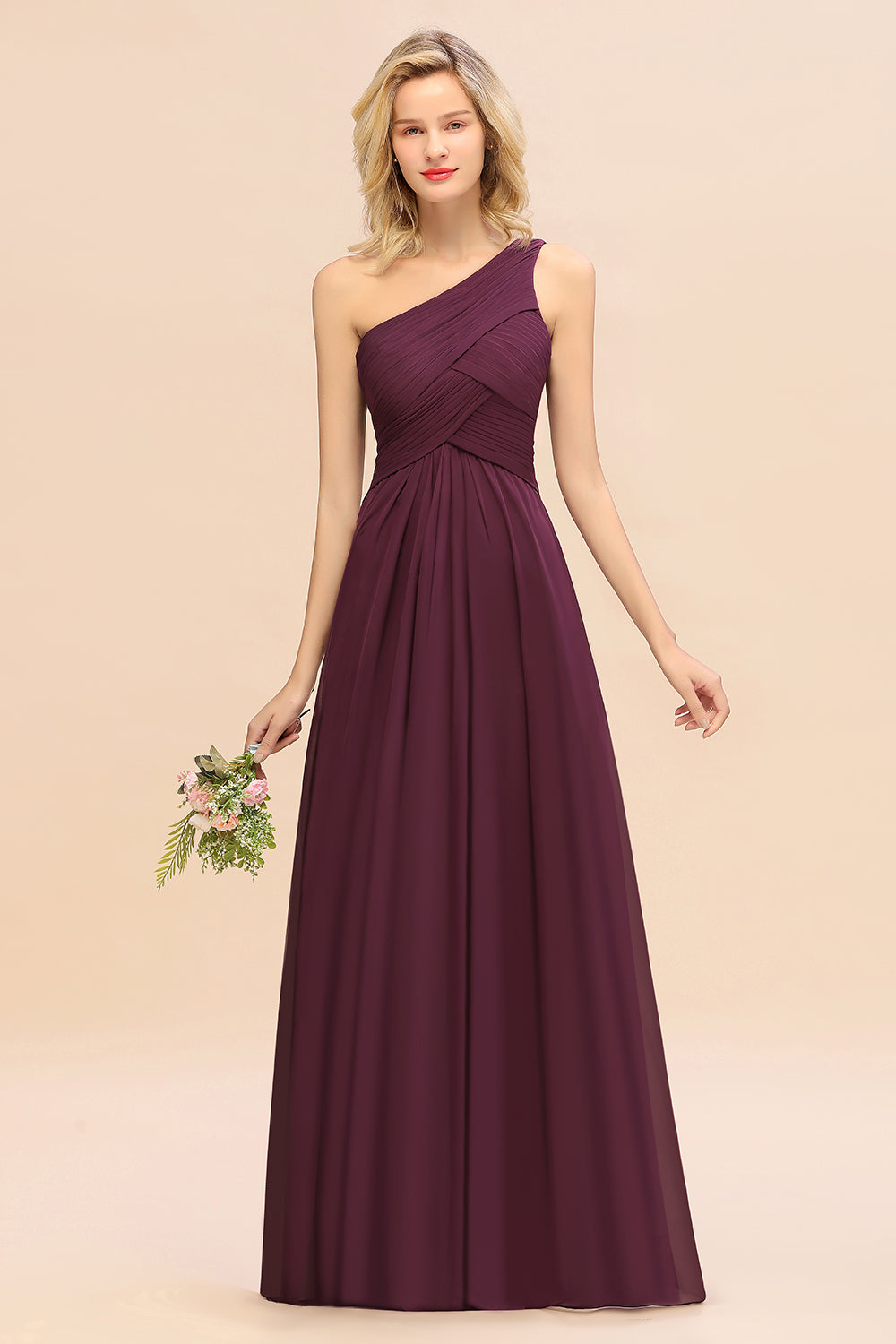 Chic One Shoulder Ruffle Grape Chiffon Bridesmaid dresses