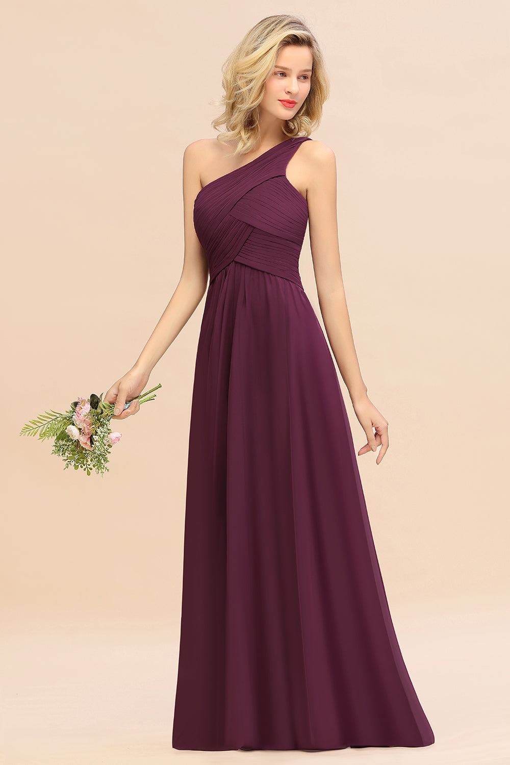 Chic One Shoulder Ruffle Grape Chiffon Bridesmaid dresses