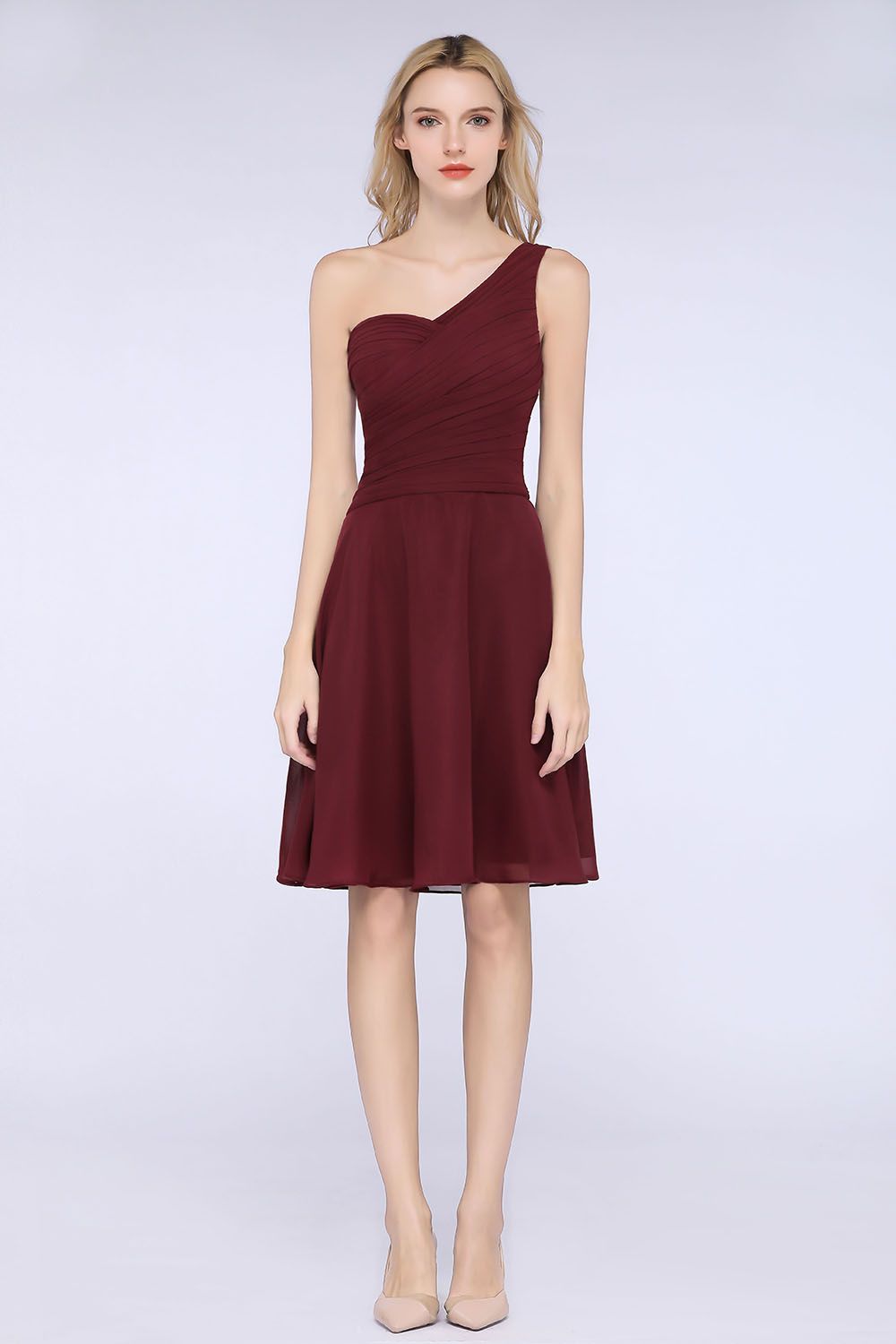 Chic One-Shoulder Short Burgundy Affordable Bridesmaid Dresses with Ruffle