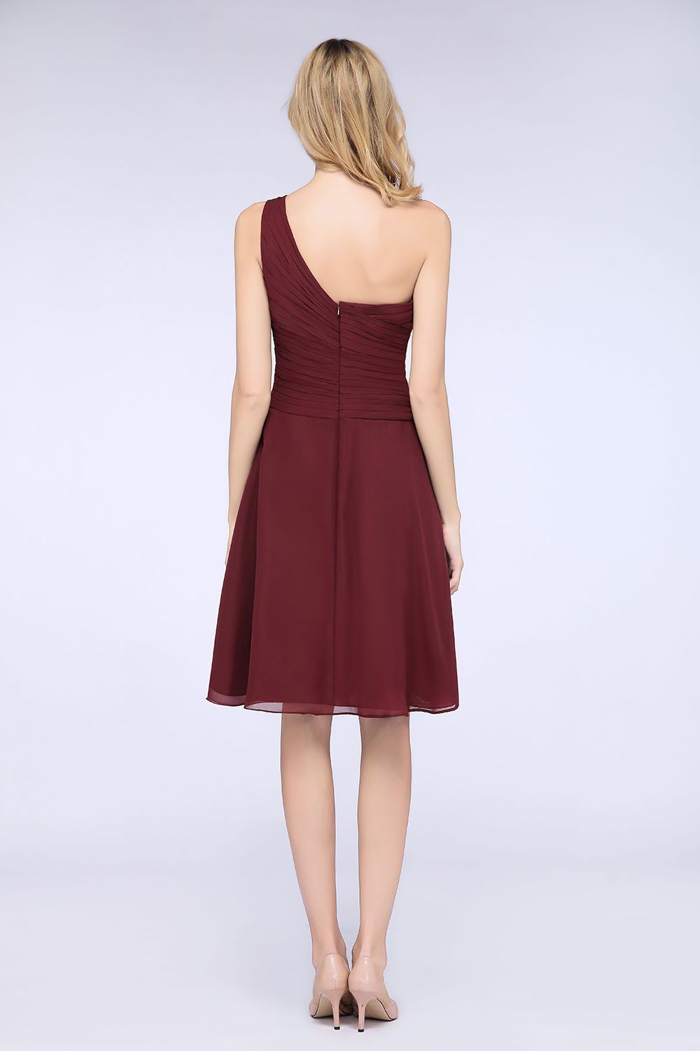 Chic One-Shoulder Short Burgundy Affordable Bridesmaid Dresses with Ruffle