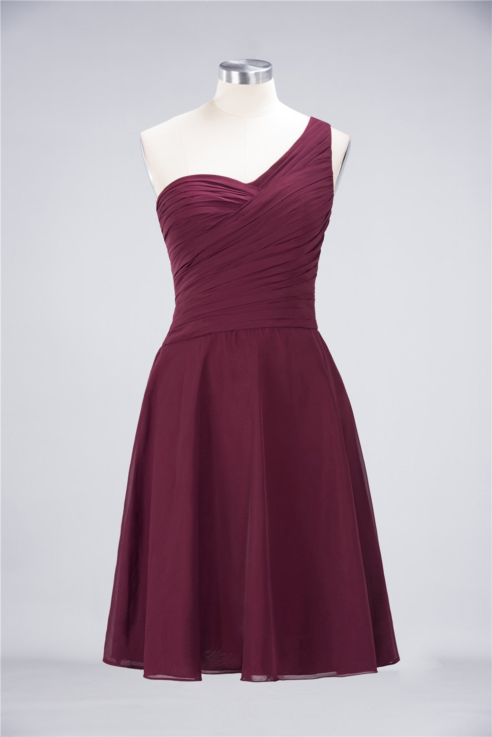 Chic One-Shoulder Short Burgundy Affordable Bridesmaid Dresses with Ruffle