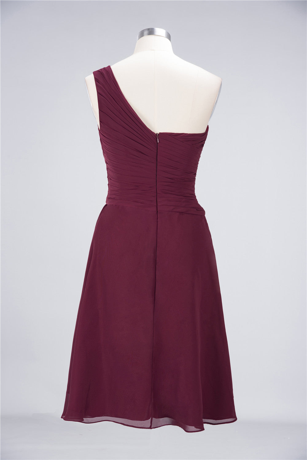 Chic One-Shoulder Short Burgundy Affordable Bridesmaid Dresses with Ruffle