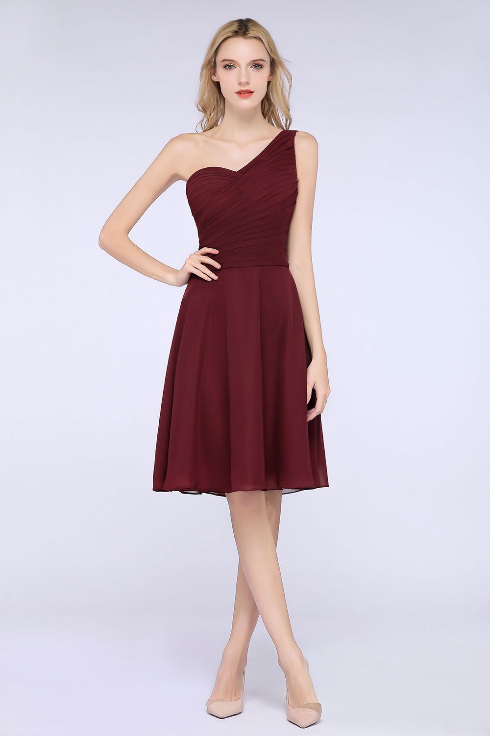 Chic One-Shoulder Short Burgundy Affordable Bridesmaid Dresses with Ruffle