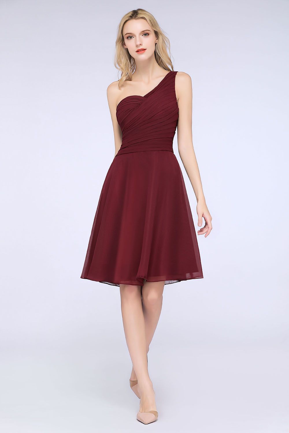 Chic One-Shoulder Short Burgundy Affordable Bridesmaid Dresses with Ruffle