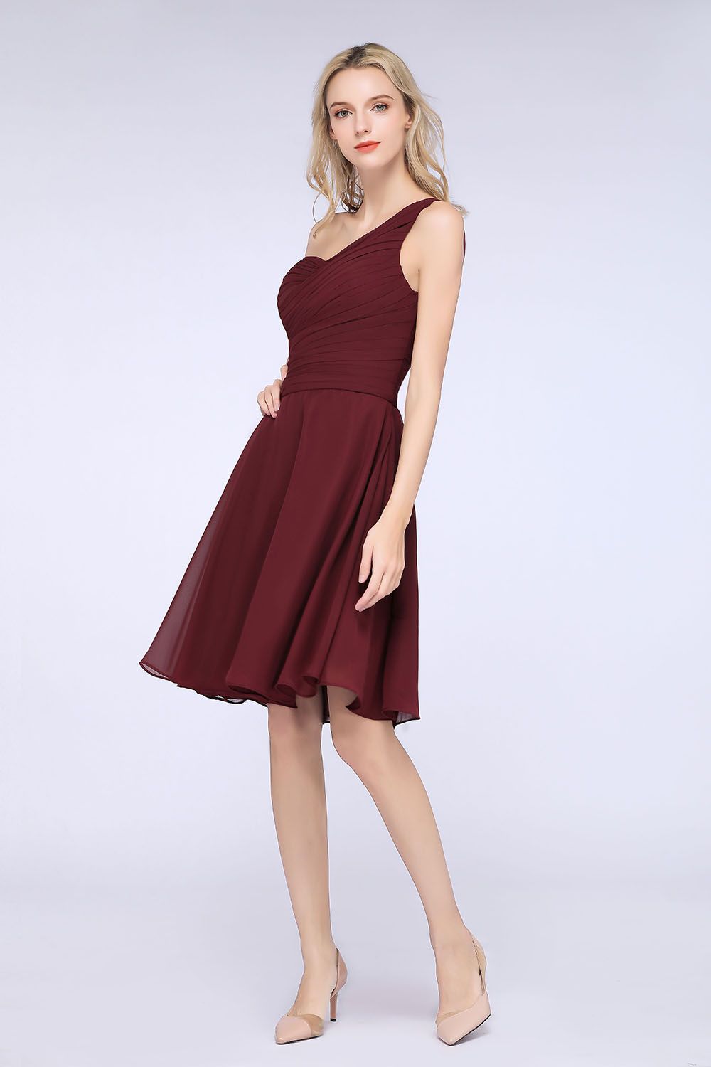 Chic One-Shoulder Short Burgundy Affordable Bridesmaid Dresses with Ruffle