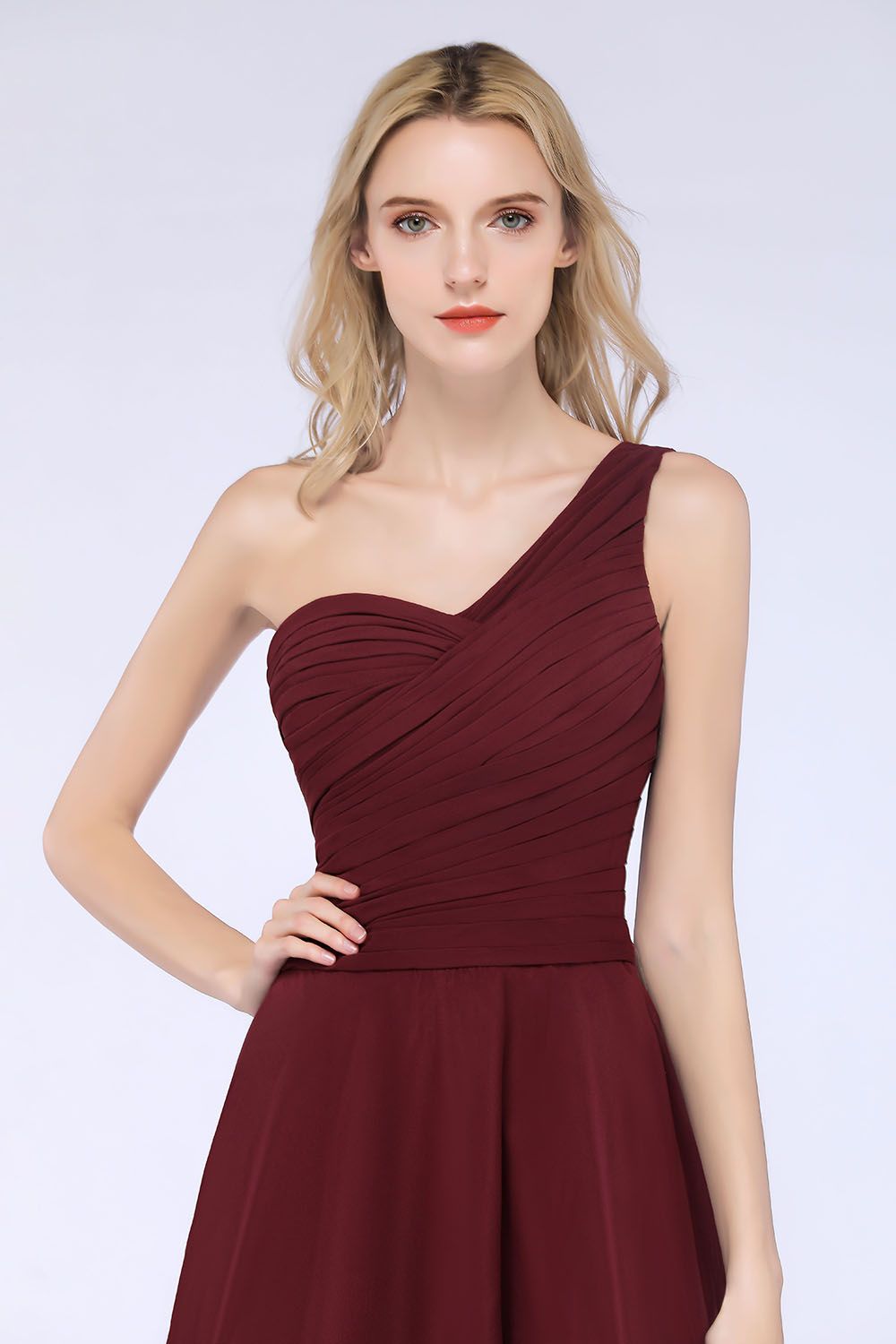 Chic One-Shoulder Short Burgundy Affordable Bridesmaid Dresses with Ruffle