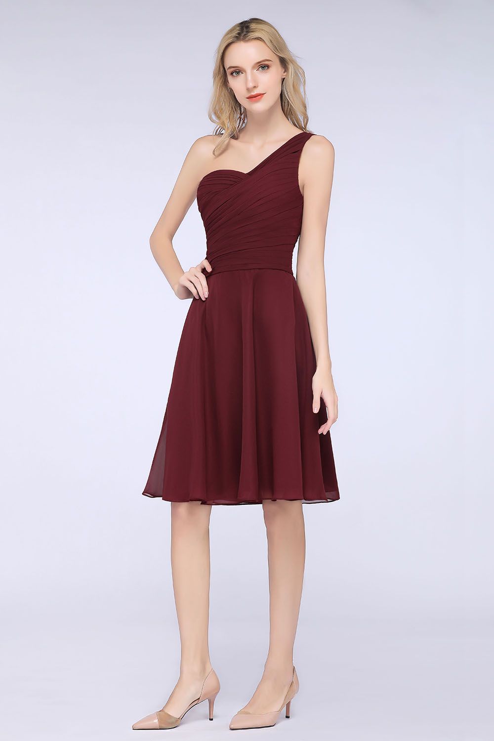 Chic One-Shoulder Short Burgundy Affordable Bridesmaid Dresses with Ruffle