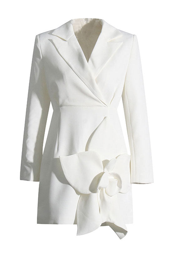 Chic Rosette Applique Lapel Shoulder Pad Long Sleeve Blazer Mini Dress - White - Fashionpara