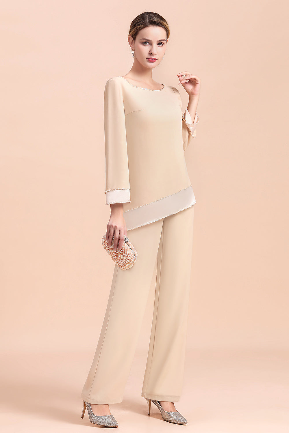 Chic Round-Neck Champagne Chiffon Mother of Bride Jumpsuit - Fashionpara