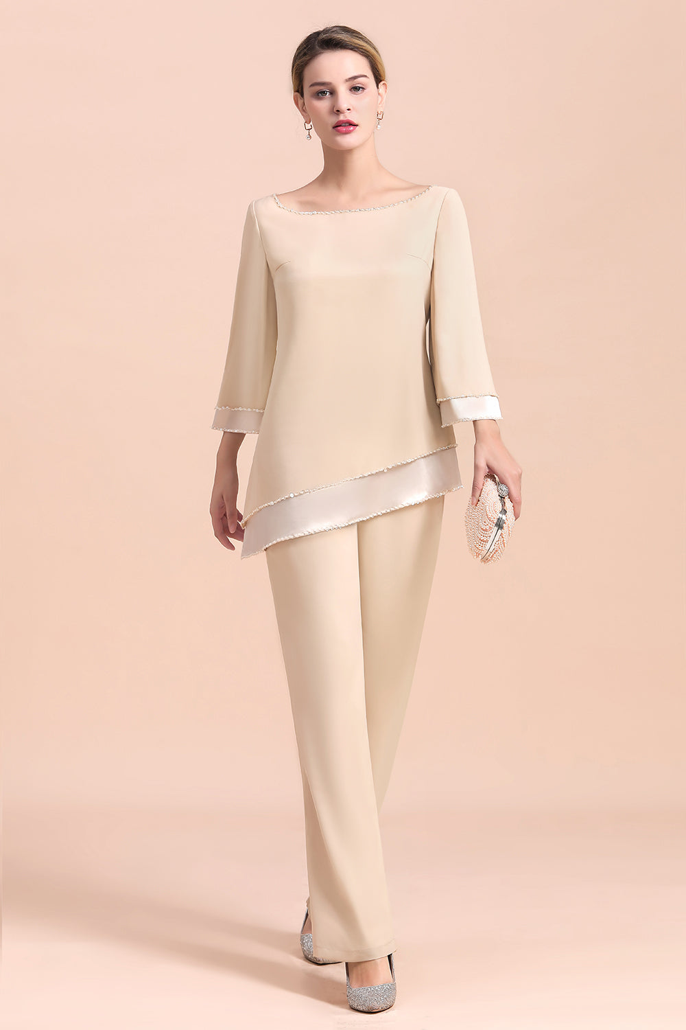 Chic Round-Neck Champagne Chiffon Mother of Bride Jumpsuit - Fashionpara