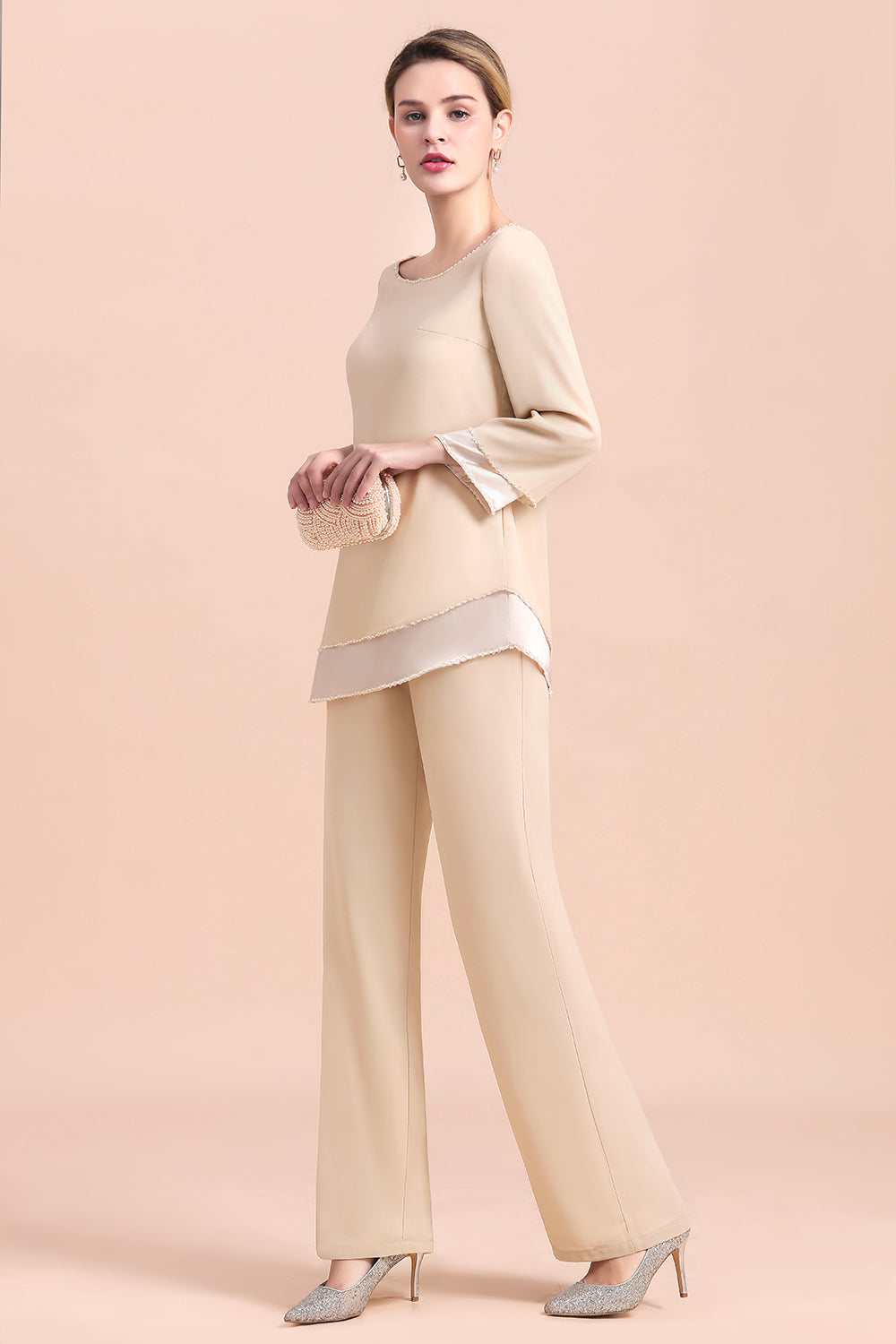 Chic Round-Neck Champagne Chiffon Mother of Bride Jumpsuit - Fashionpara