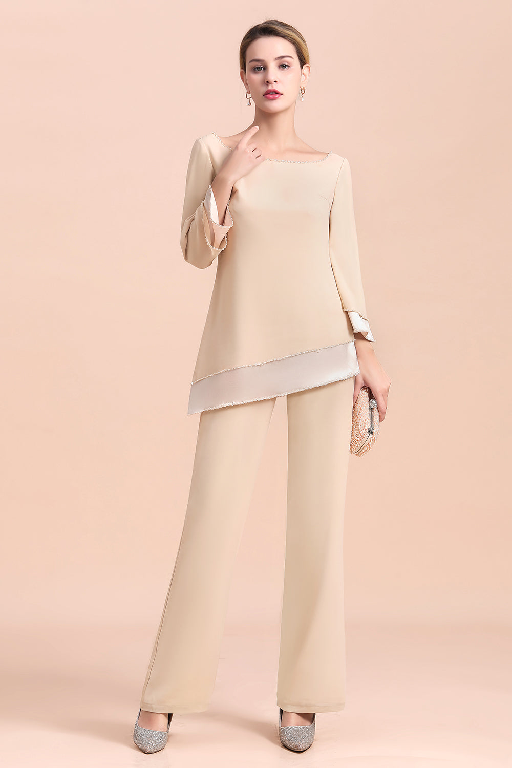 Chic Round-Neck Champagne Chiffon Mother of Bride Jumpsuit - Fashionpara