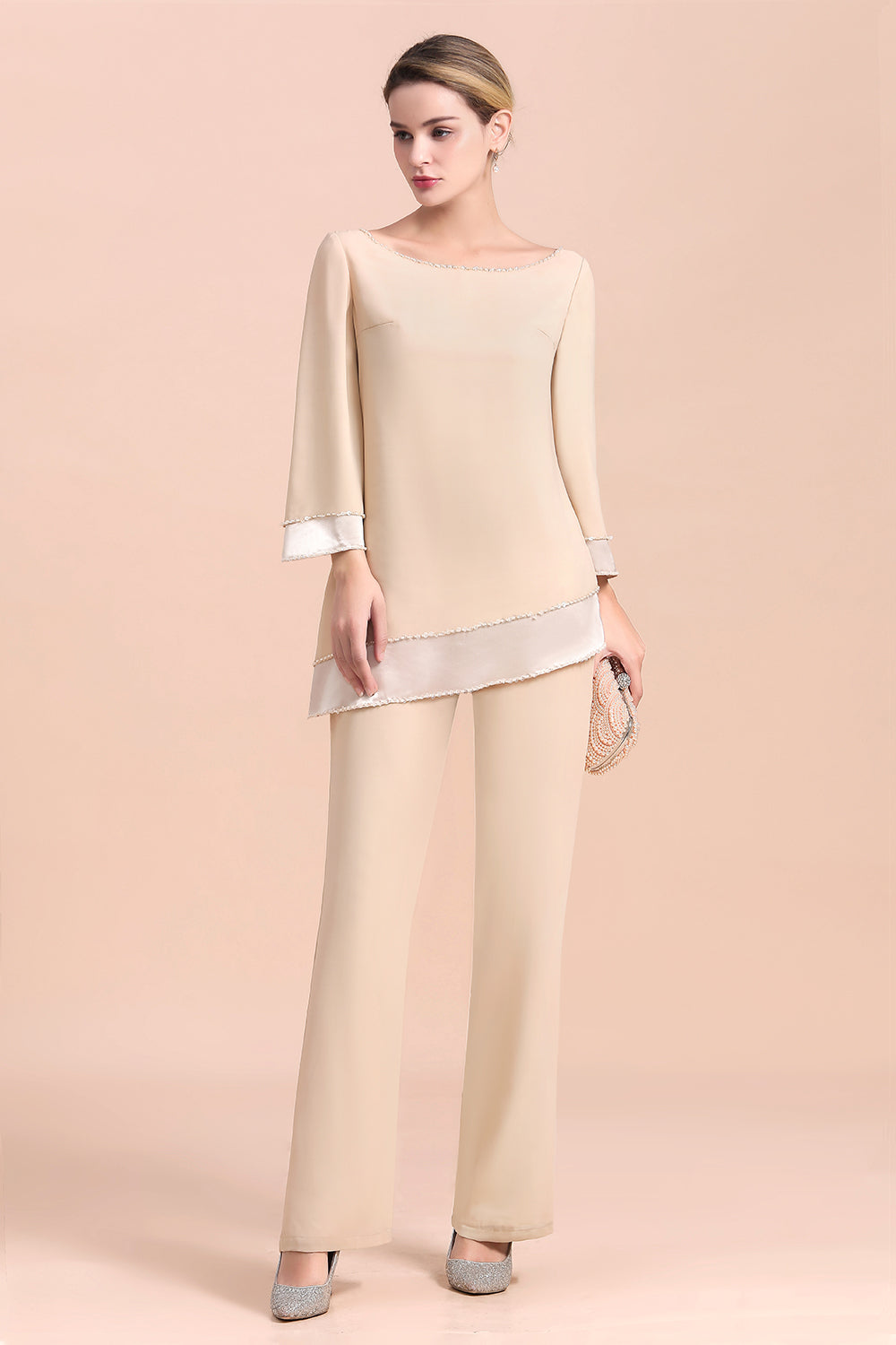 Chic Round-Neck Champagne Chiffon Mother of Bride Jumpsuit - Fashionpara