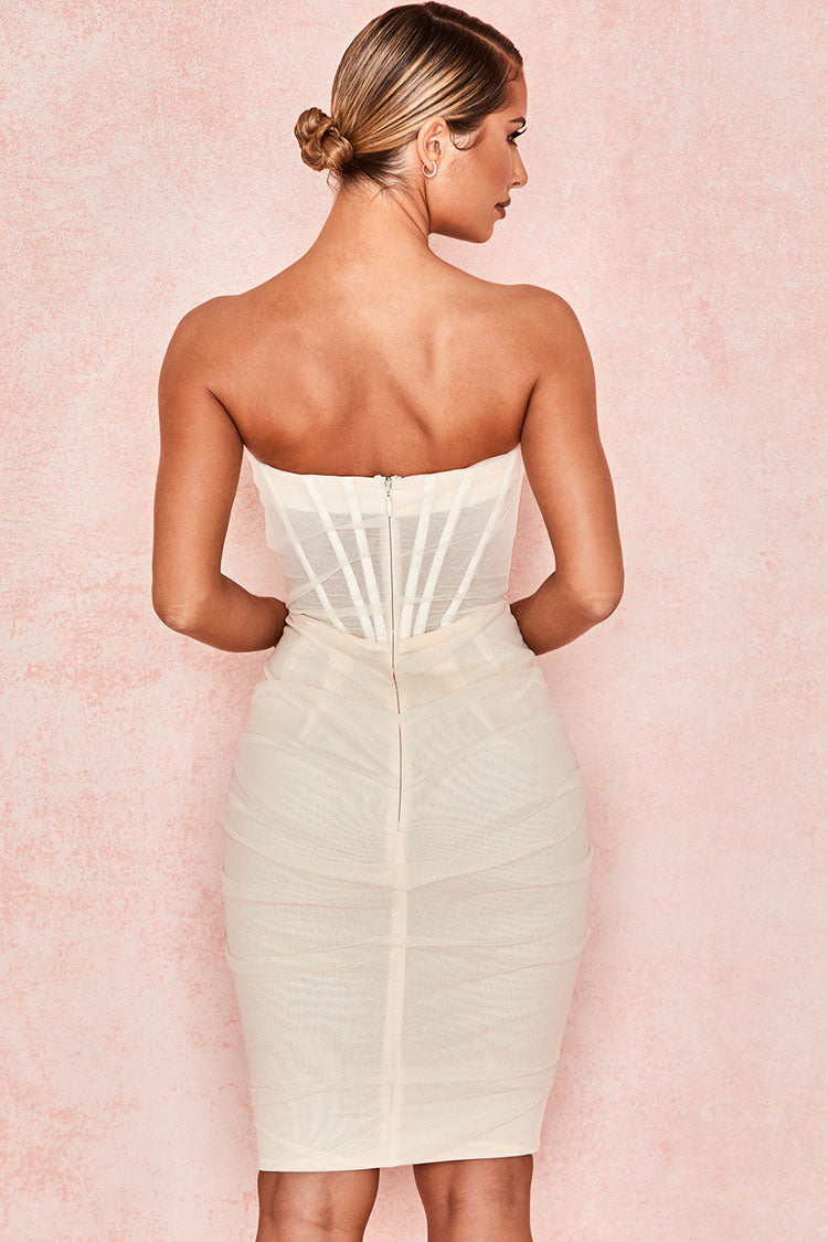 Chic Ruched Strapless Mini Corset Cocktail Party Dress - White - Fashionpara