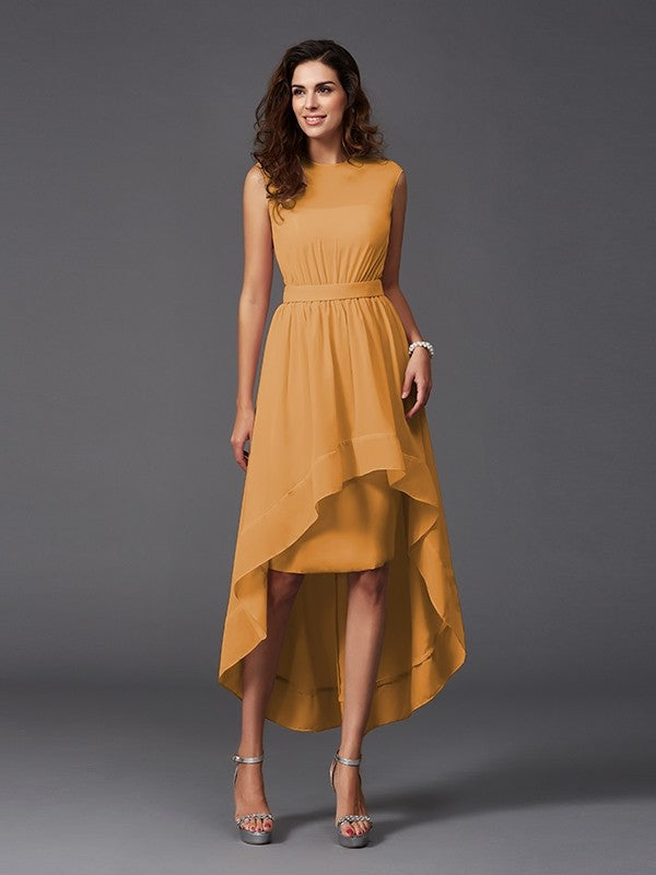 Chic Sash/Ribbon/Belt Sleeveless High Low Chiffon Bridesmaid Dresses