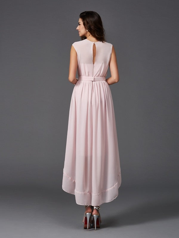 Chic Sash/Ribbon/Belt Sleeveless High Low Chiffon Bridesmaid Dresses