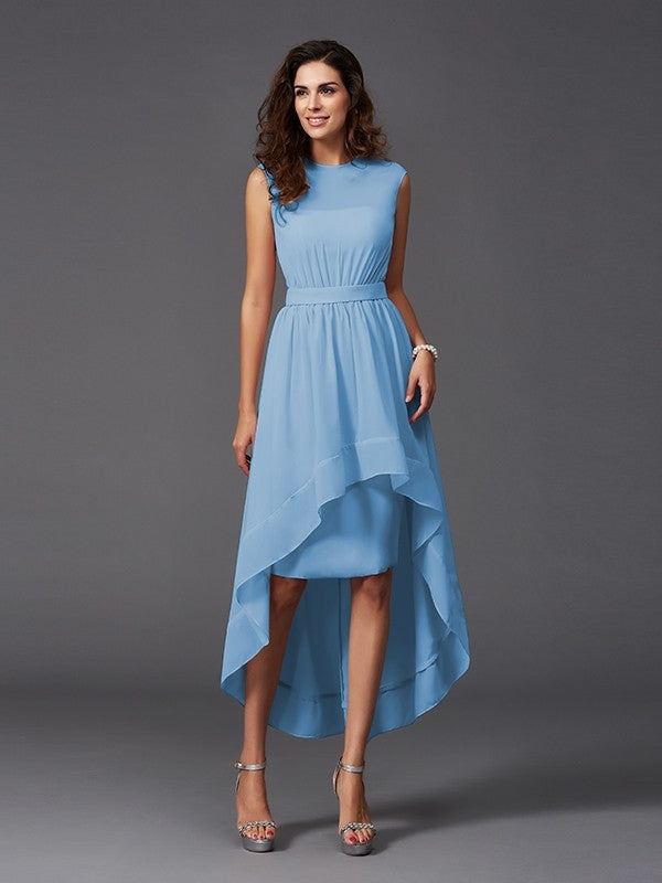 Chic Sash/Ribbon/Belt Sleeveless High Low Chiffon Bridesmaid Dresses