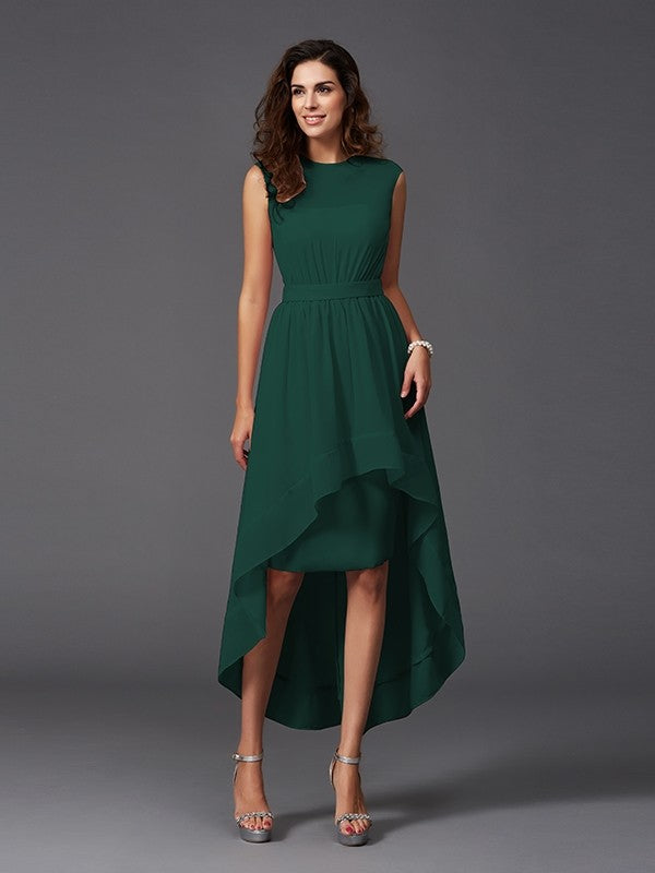 Chic Sash/Ribbon/Belt Sleeveless High Low Chiffon Bridesmaid Dresses