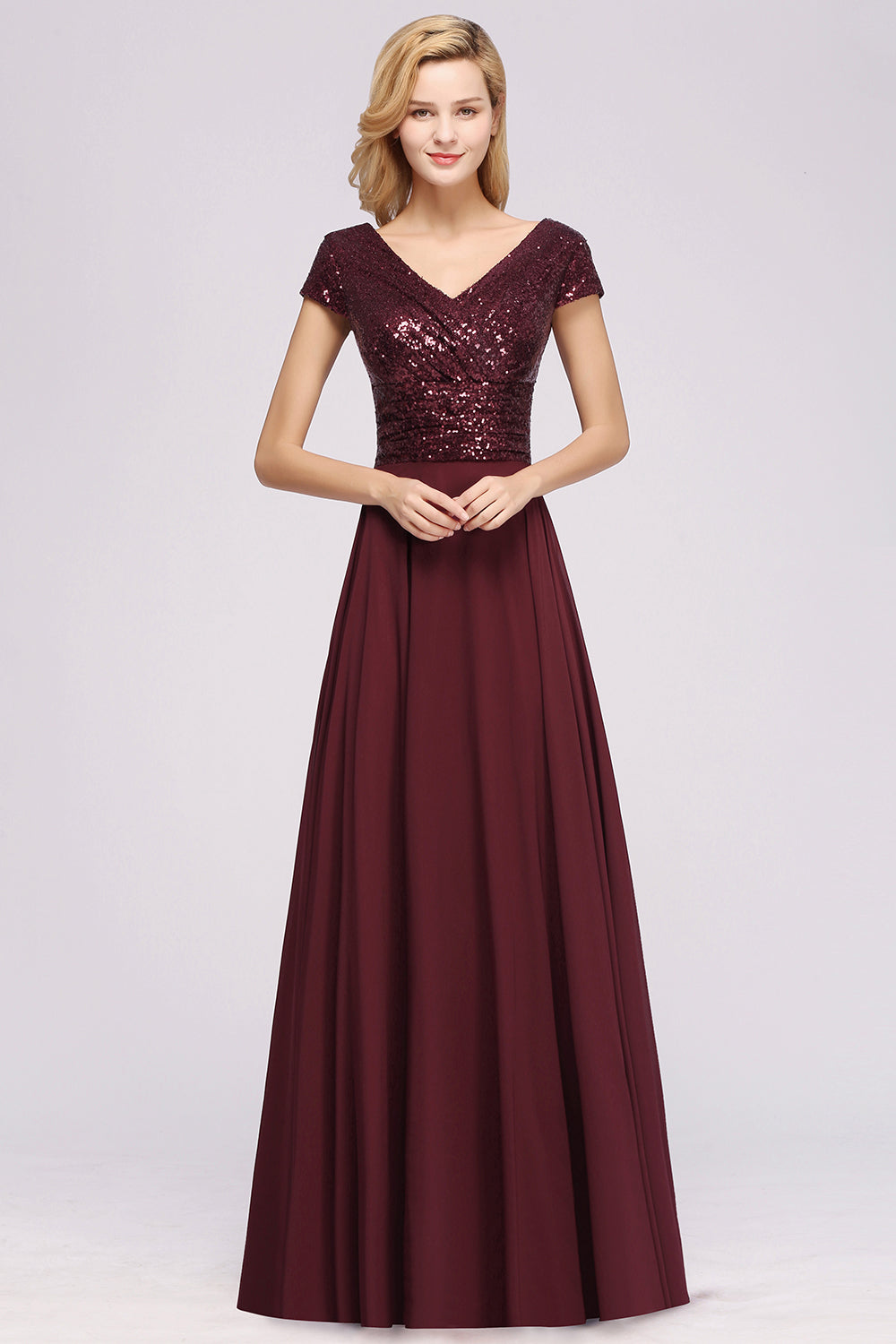 Chic Sequined Top V-Neck Sleeveless Burgundy Bridesmaid dresses - Fashionpara