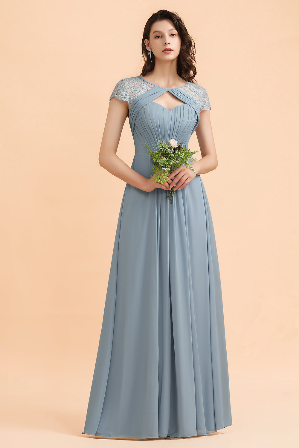 Chic Short Sleeves Lace Chiffon Bridesmaid Dresses with Ruffles