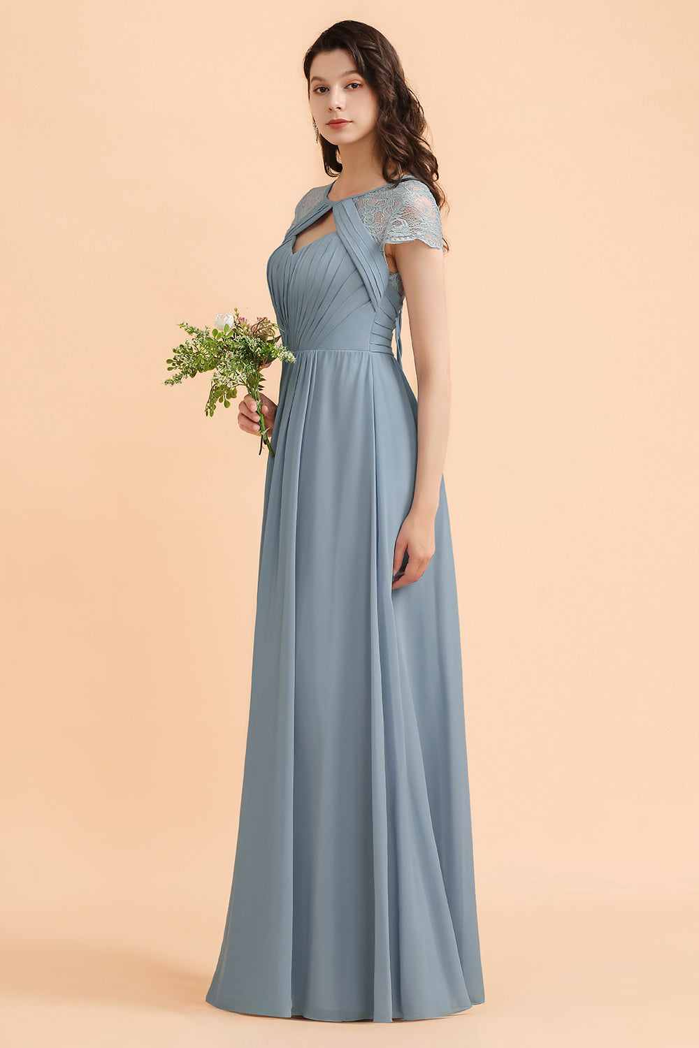 Chic Short Sleeves Lace Chiffon Bridesmaid Dresses with Ruffles