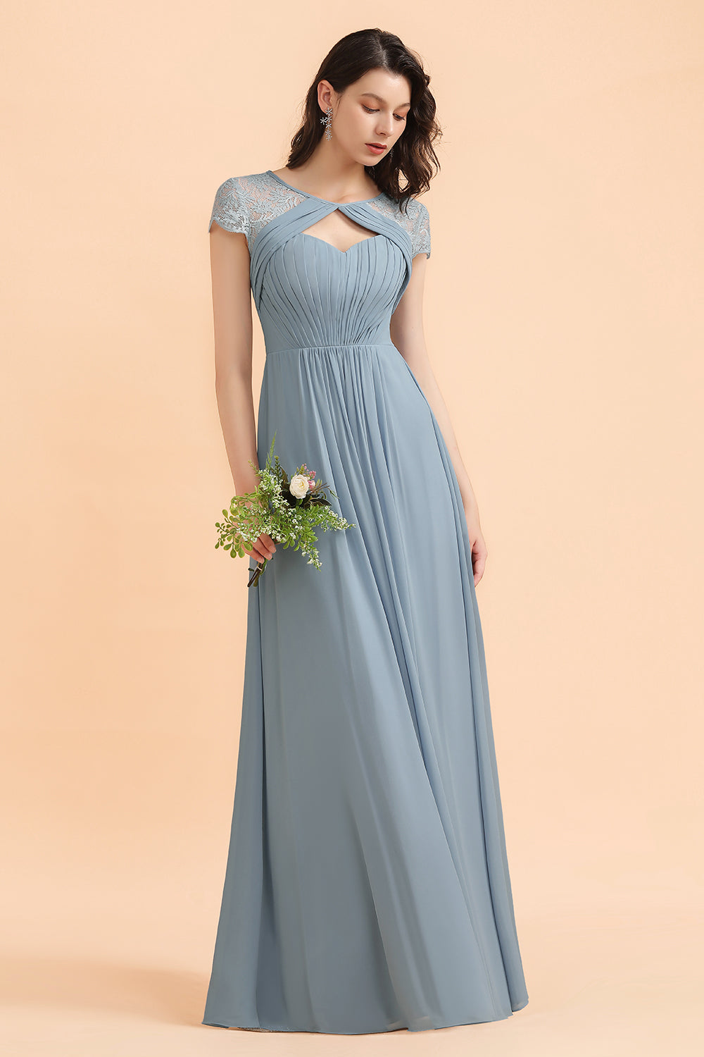 Chic Short Sleeves Lace Chiffon Bridesmaid Dresses with Ruffles