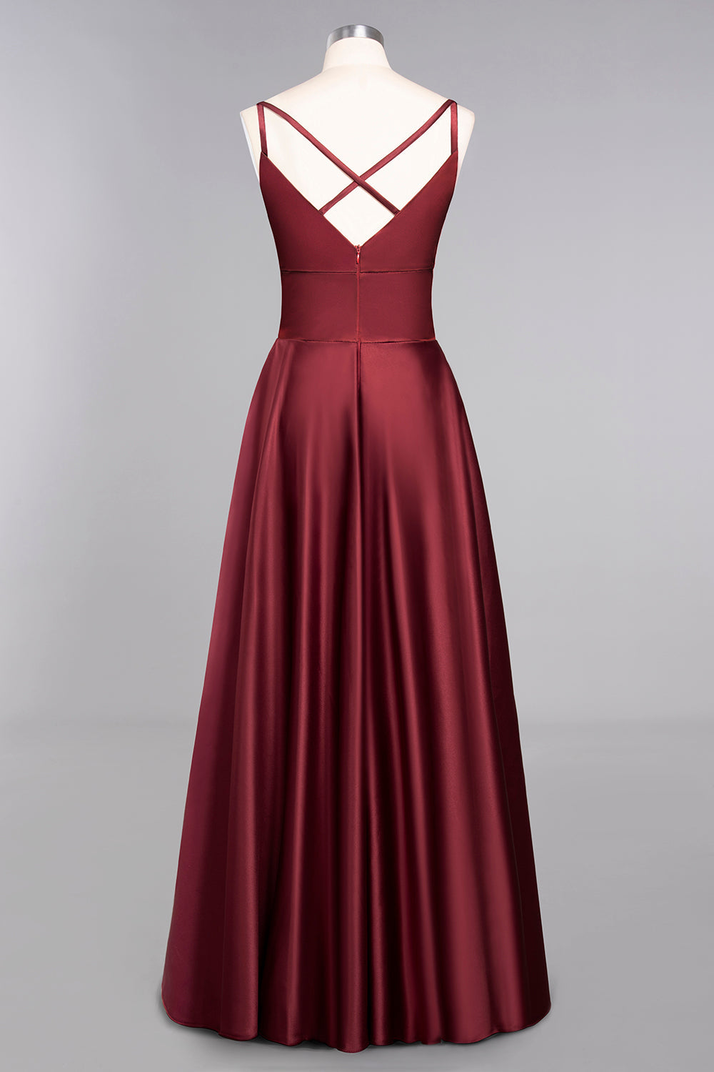 Chic Spaghetti-Straps Burgundy Satin Long Bridesmaid Dresses