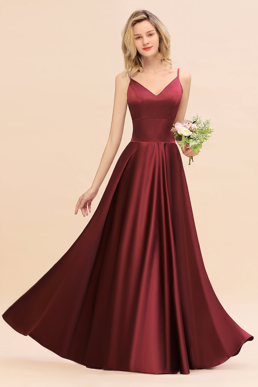 Chic Spaghetti-Straps Burgundy Satin Long Bridesmaid Dresses - Fashionpara