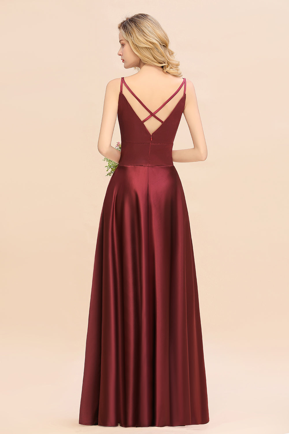 Chic Spaghetti-Straps Burgundy Satin Long Bridesmaid Dresses