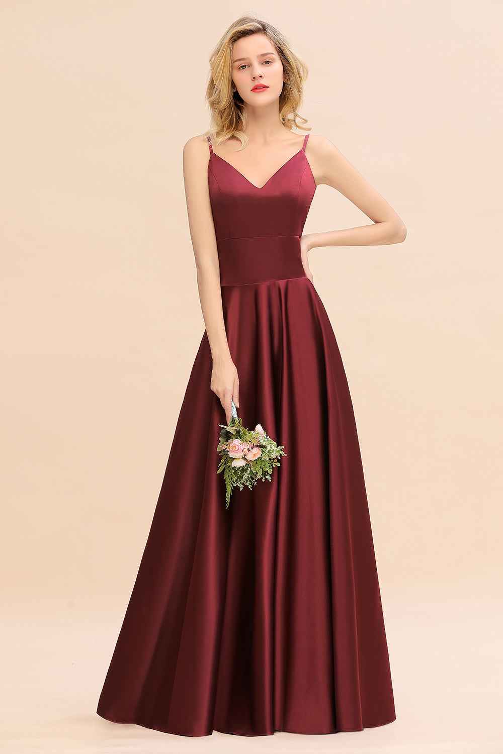 Chic Spaghetti-Straps Burgundy Satin Long Bridesmaid Dresses