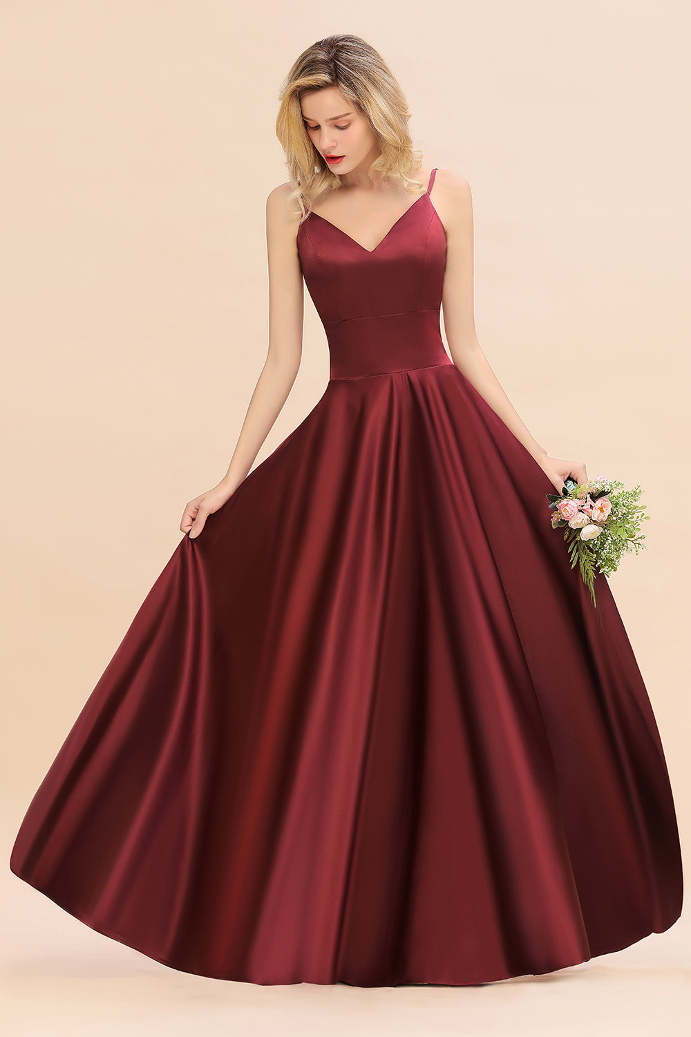 Chic Spaghetti-Straps Burgundy Satin Long Bridesmaid Dresses