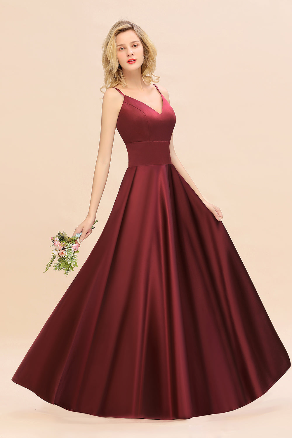 Chic Spaghetti-Straps Burgundy Satin Long Bridesmaid Dresses