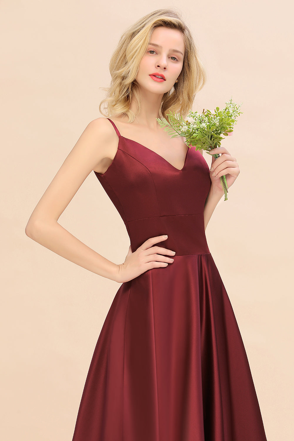 Chic Spaghetti-Straps Burgundy Satin Long Bridesmaid Dresses