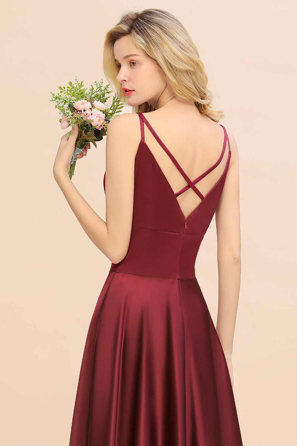 Chic Spaghetti-Straps Burgundy Satin Long Bridesmaid Dresses