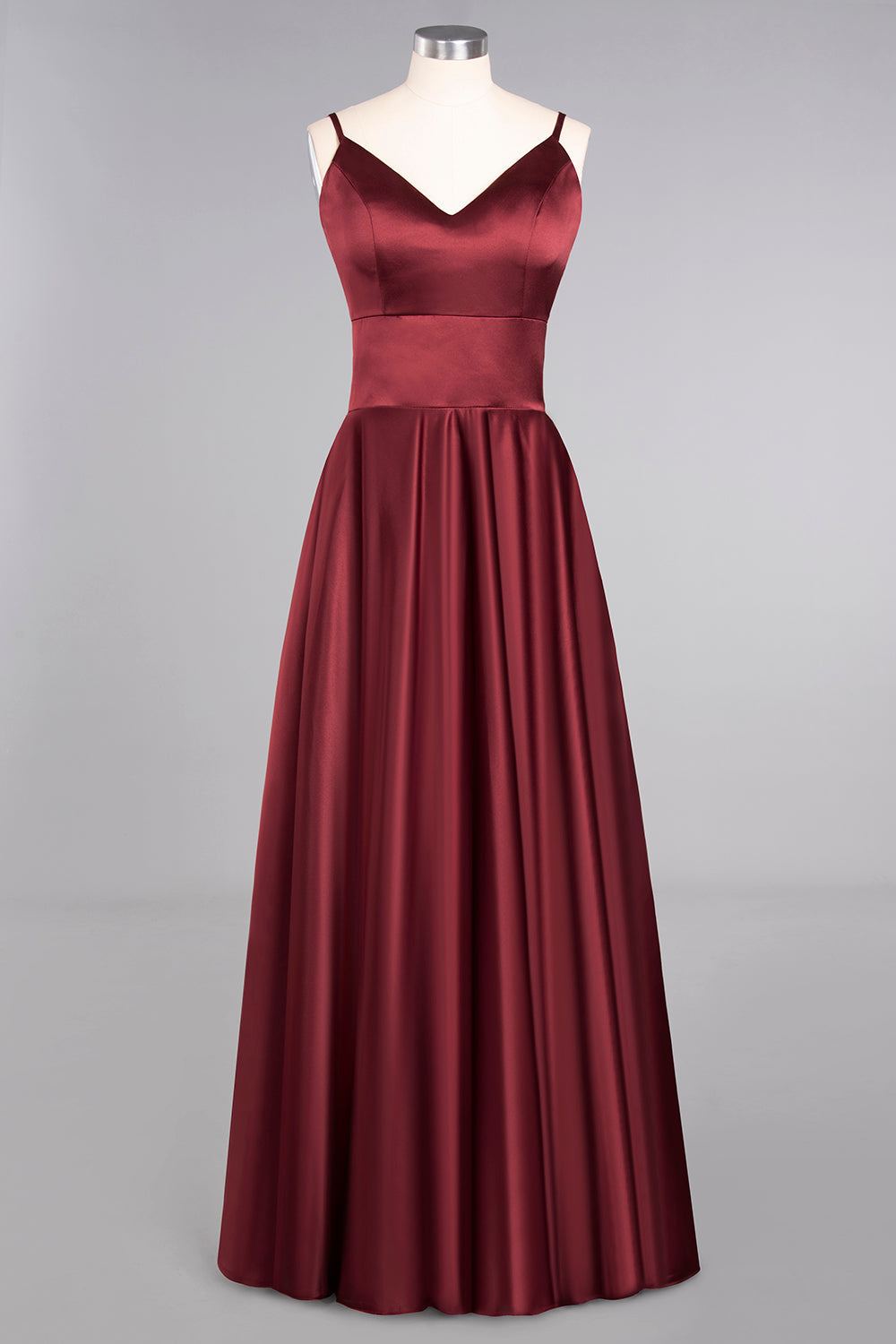 Chic Spaghetti-Straps Burgundy Satin Long Bridesmaid Dresses