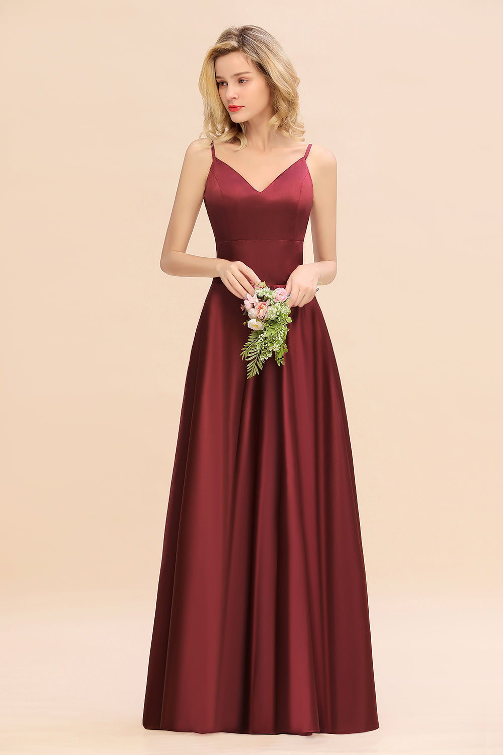 Chic Spaghetti-Straps Burgundy Satin Long Bridesmaid Dresses