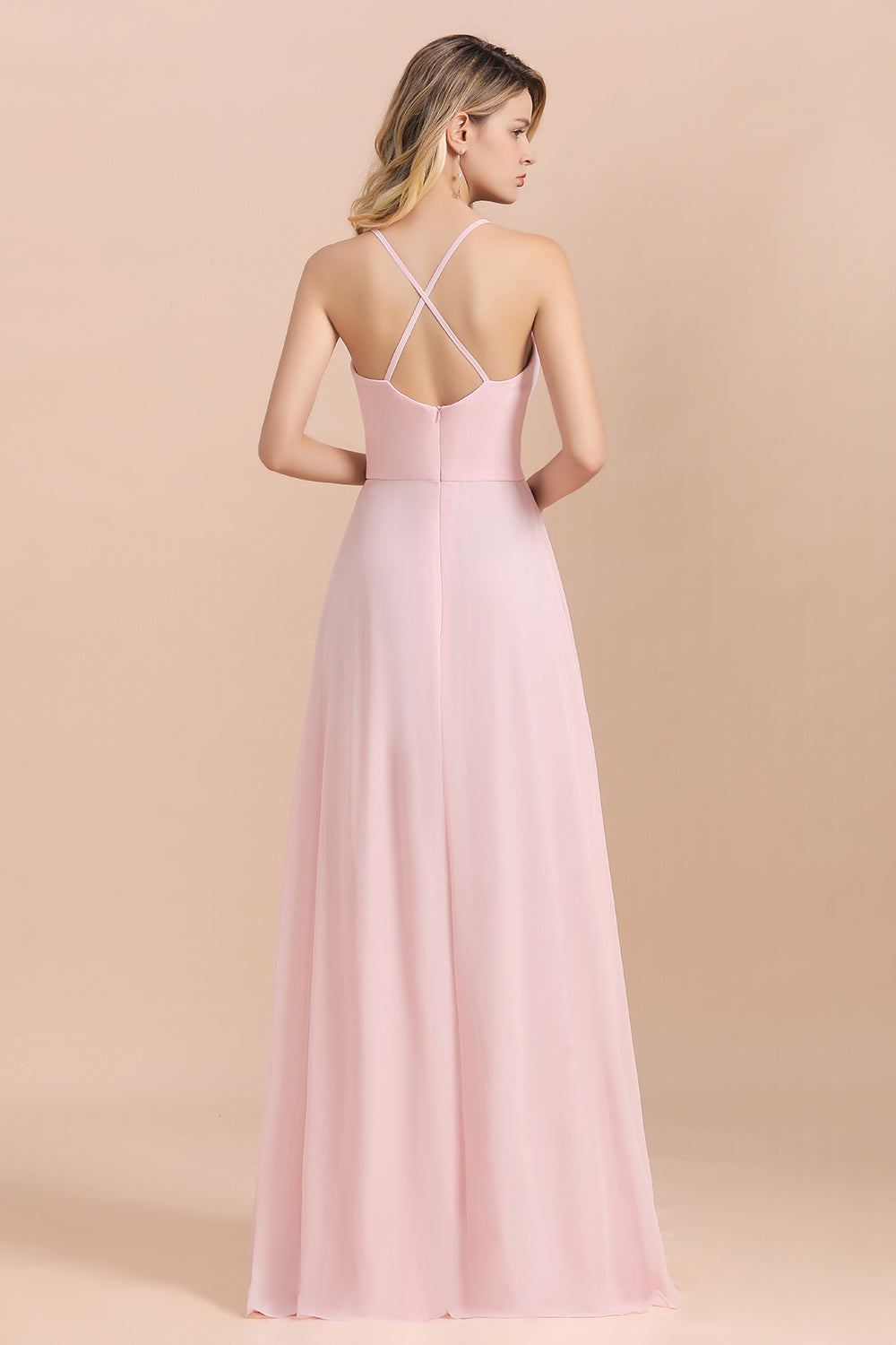 Chic Spaghetti Straps Chiffon Pink Bridesmaid dresses with Crisscross Back