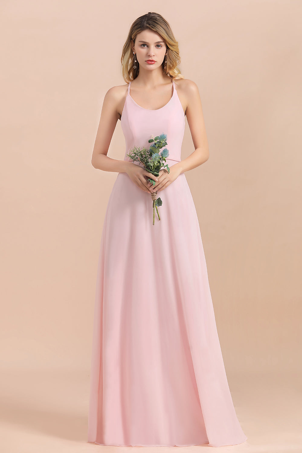 Chic Spaghetti Straps Chiffon Pink Bridesmaid dresses with Crisscross Back