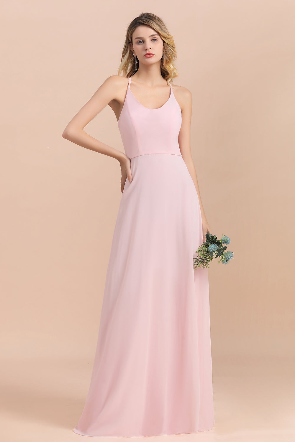 Chic Spaghetti Straps Chiffon Pink Bridesmaid dresses with Crisscross Back