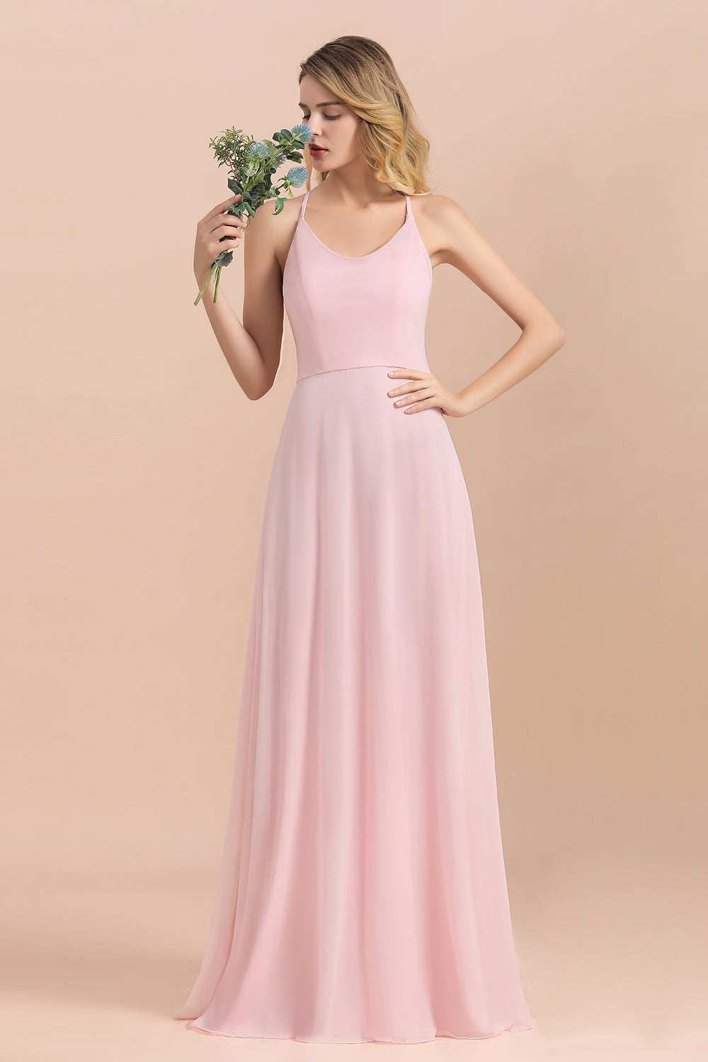 Chic Spaghetti Straps Chiffon Pink Bridesmaid dresses with Crisscross Back