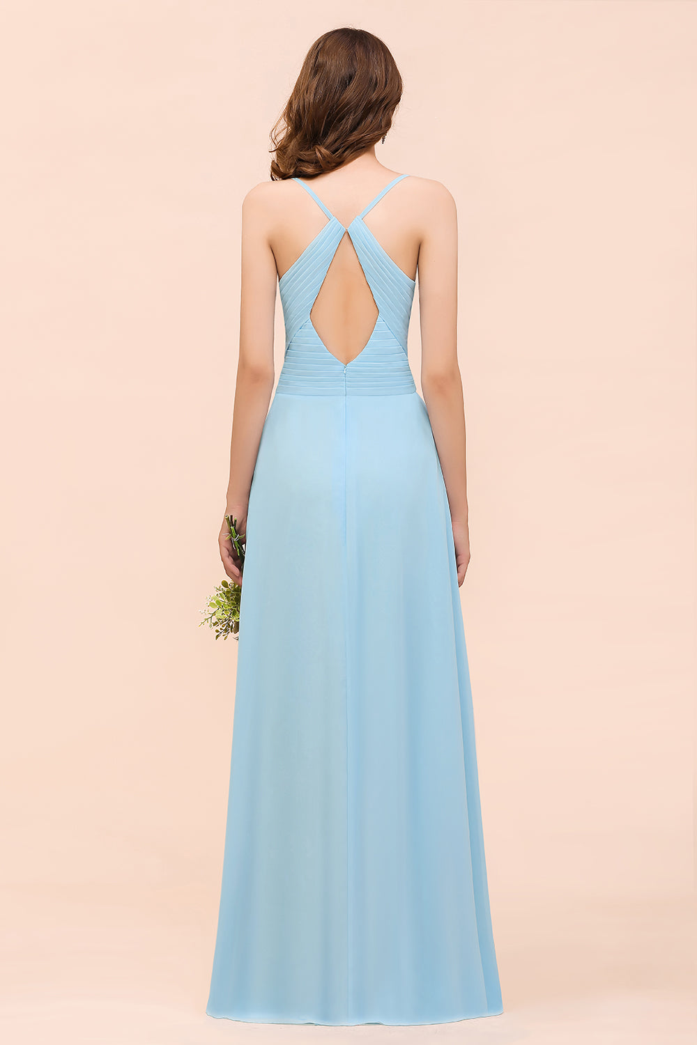 Chic Spaghetti Straps Ruffle Sky Blue Chiffon Bridesmaid Dresses