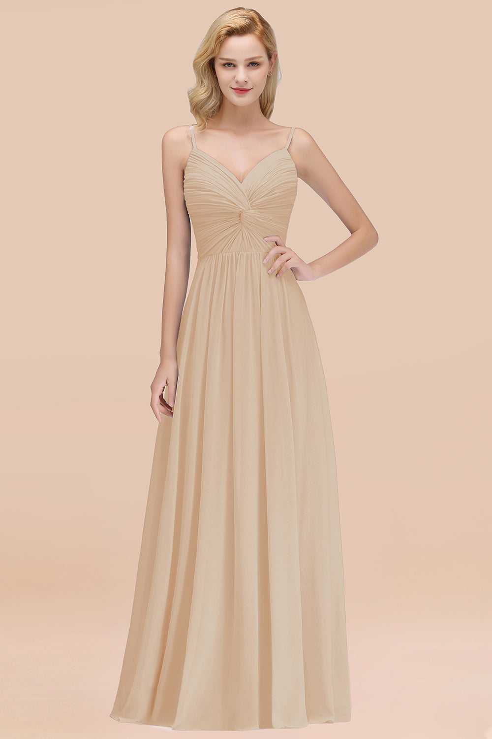 Chic V-Neck Pleated Backless Bridesmaid dresses with Spaghetti Straps