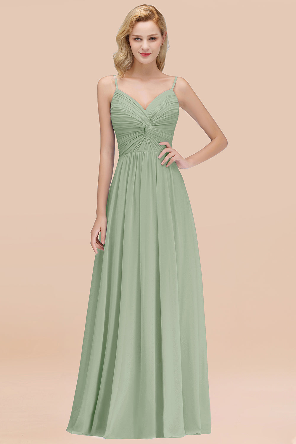 Chic V-Neck Pleated Backless Bridesmaid dresses with Spaghetti Straps