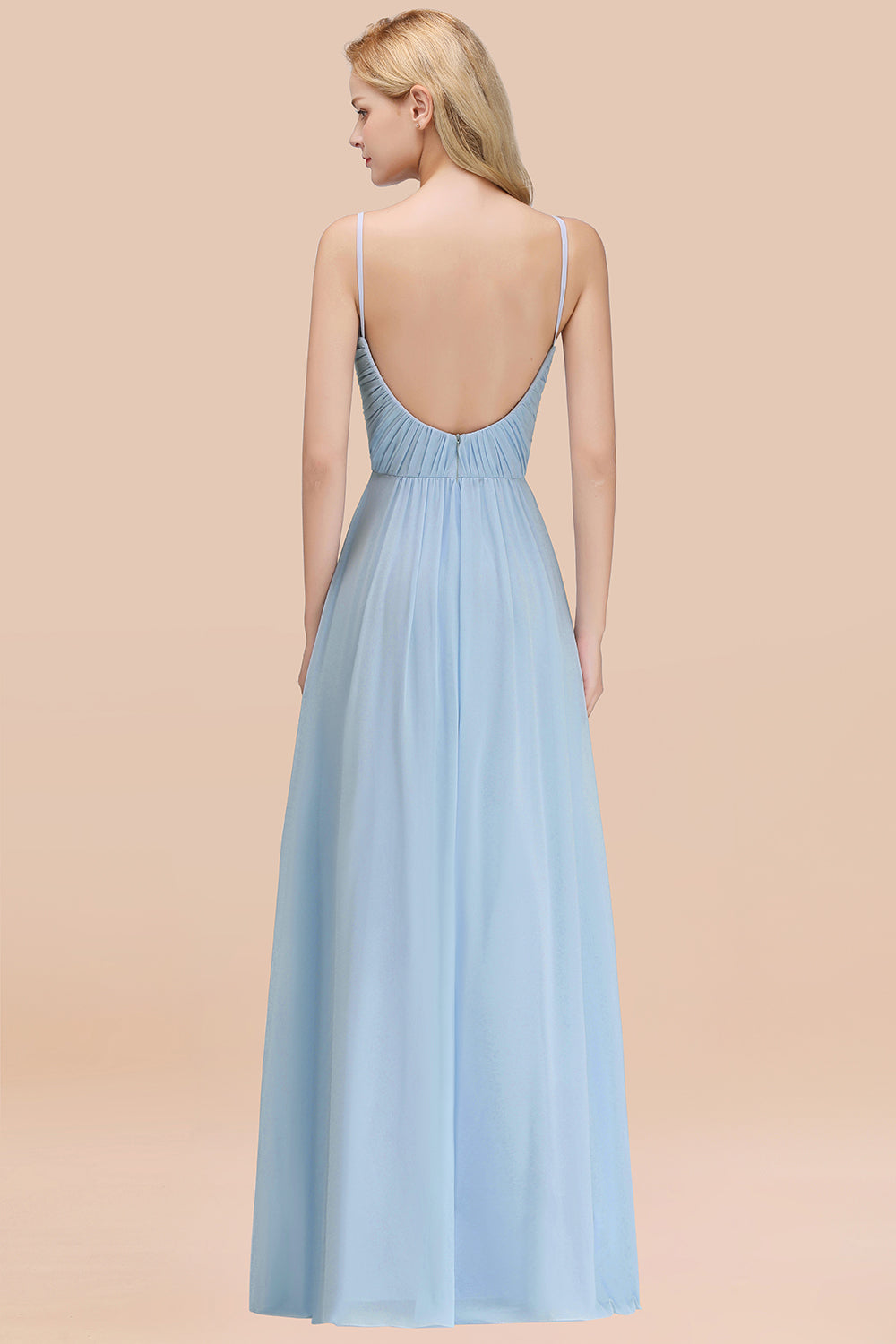 Chic V-Neck Pleated Backless Bridesmaid dresses with Spaghetti Straps