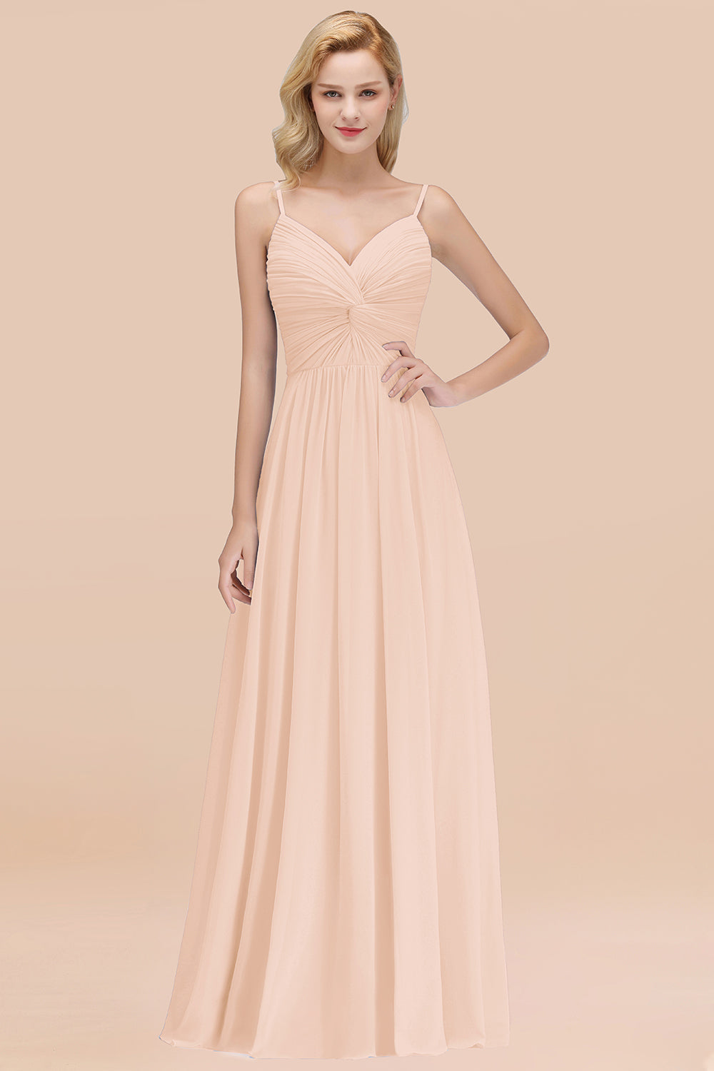 Chic V-Neck Pleated Backless Bridesmaid dresses with Spaghetti Straps