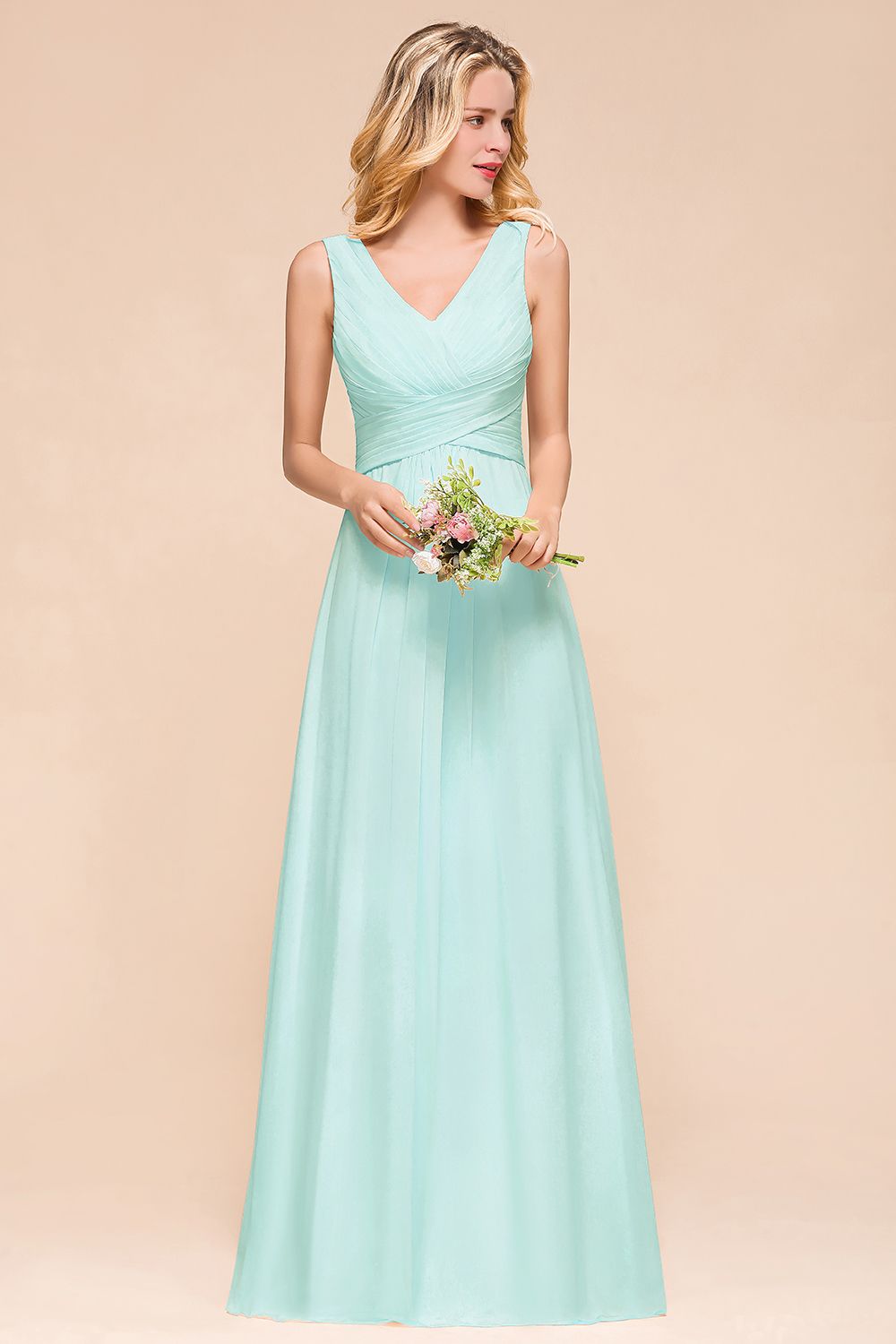 Chic V-Neck Sleeveless Mint Green Bridesmaid dresses with Ruffle