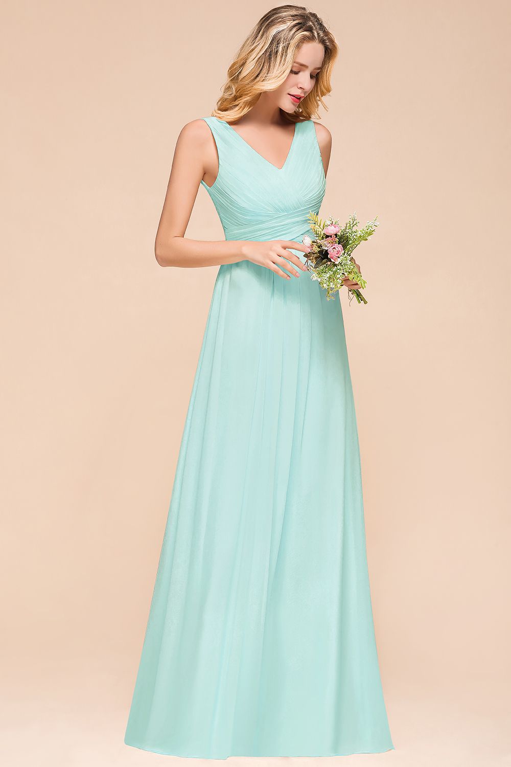 Chic V-Neck Sleeveless Mint Green Bridesmaid dresses with Ruffle