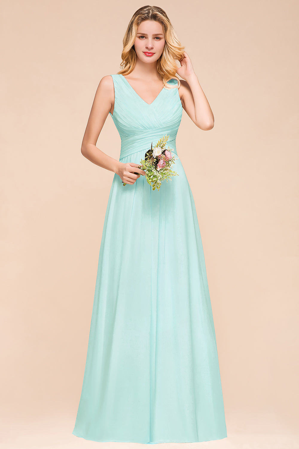 Chic V-Neck Sleeveless Mint Green Bridesmaid dresses with Ruffle