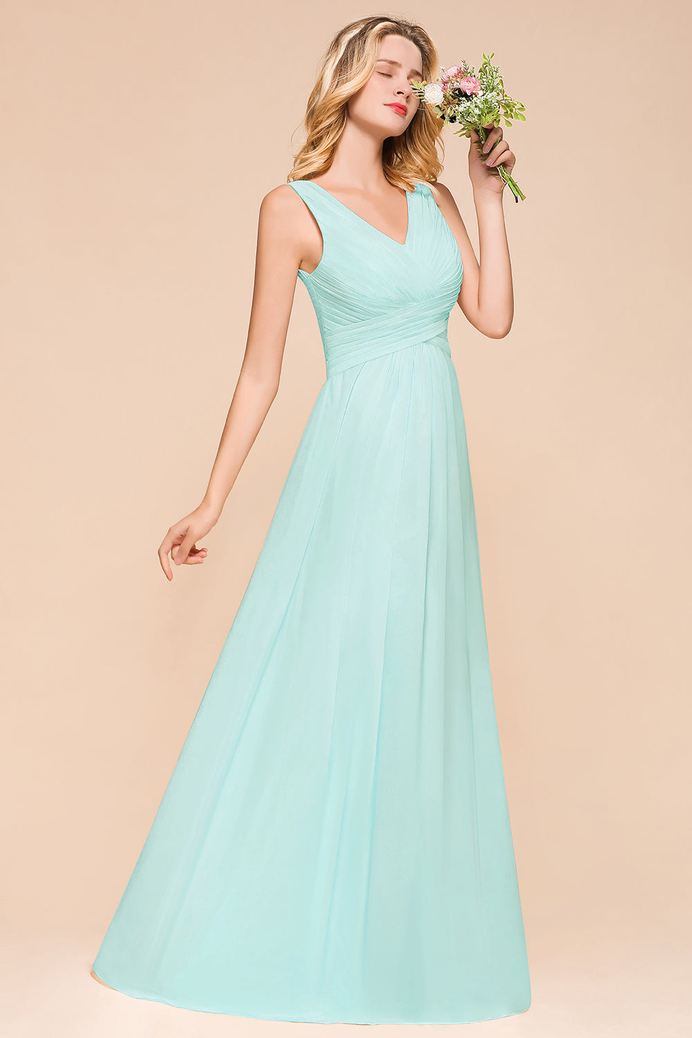 Chic V-Neck Sleeveless Mint Green Bridesmaid dresses with Ruffle