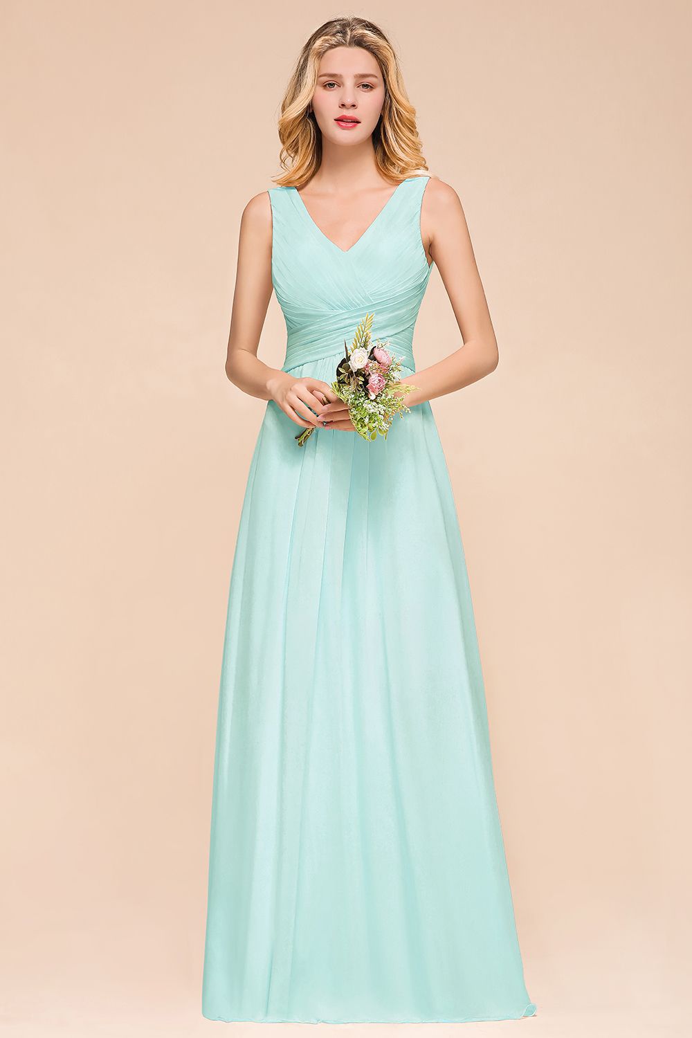 Chic V-Neck Sleeveless Mint Green Bridesmaid dresses with Ruffle